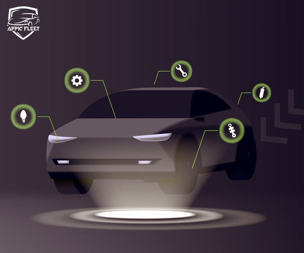 A car surrounded by icons representing technological features for fleet management, highlighting innovative solutions from a Dubai-based company